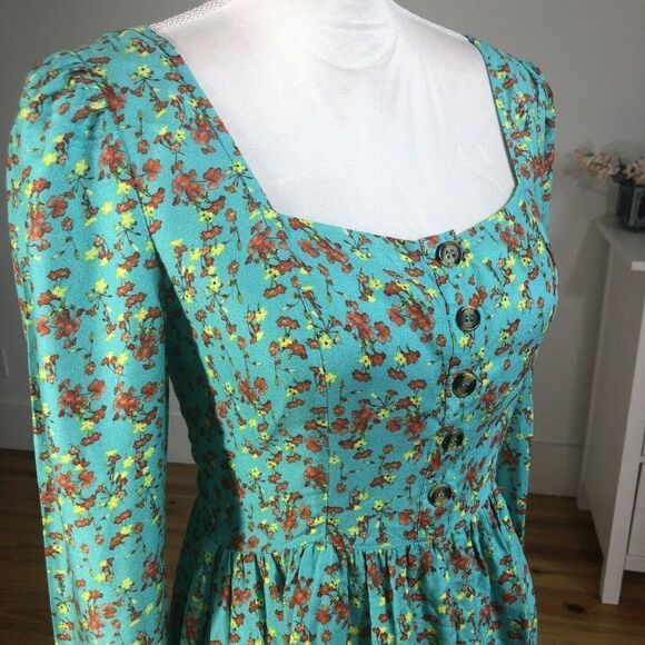 Chelsea & Violet Small Long Sleeve Aqua Cottage Core Dress Prairie Floral Mini - Picture 7 of 12